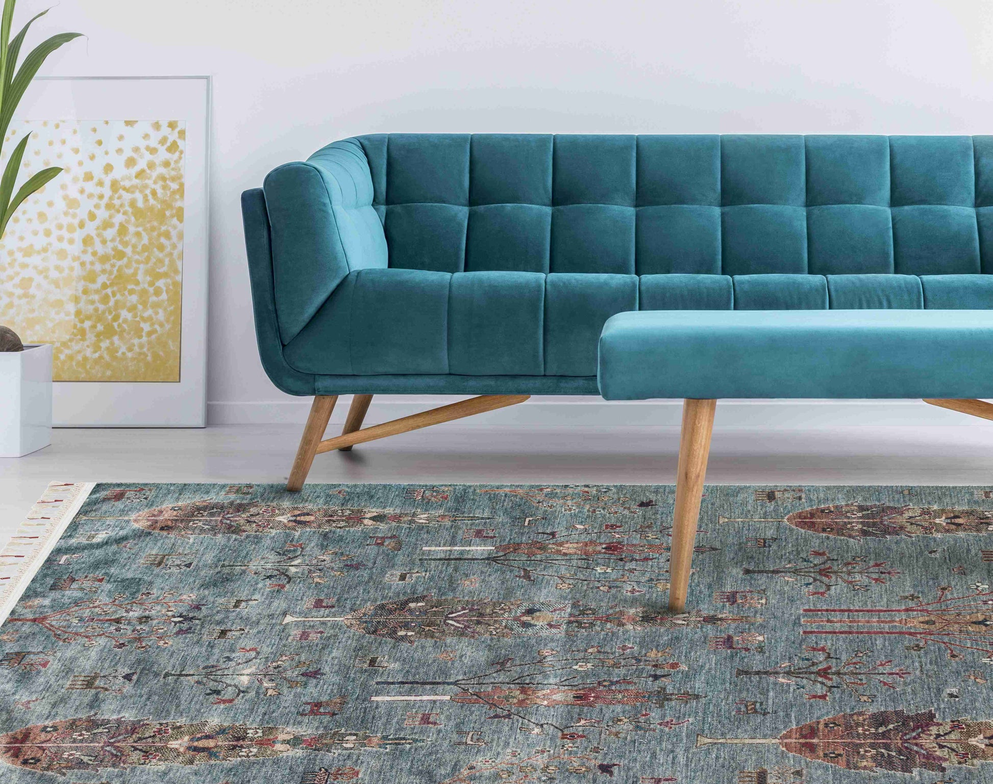 Antique Aqua Dark Rug Displayed in Living Room | Artistry Home