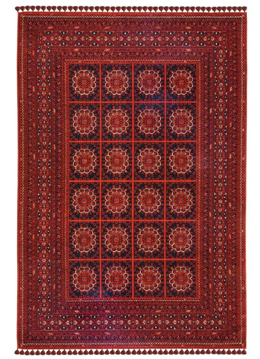 Afghan Flame Navy Red Buhari Washable Non-Slip Area Rug