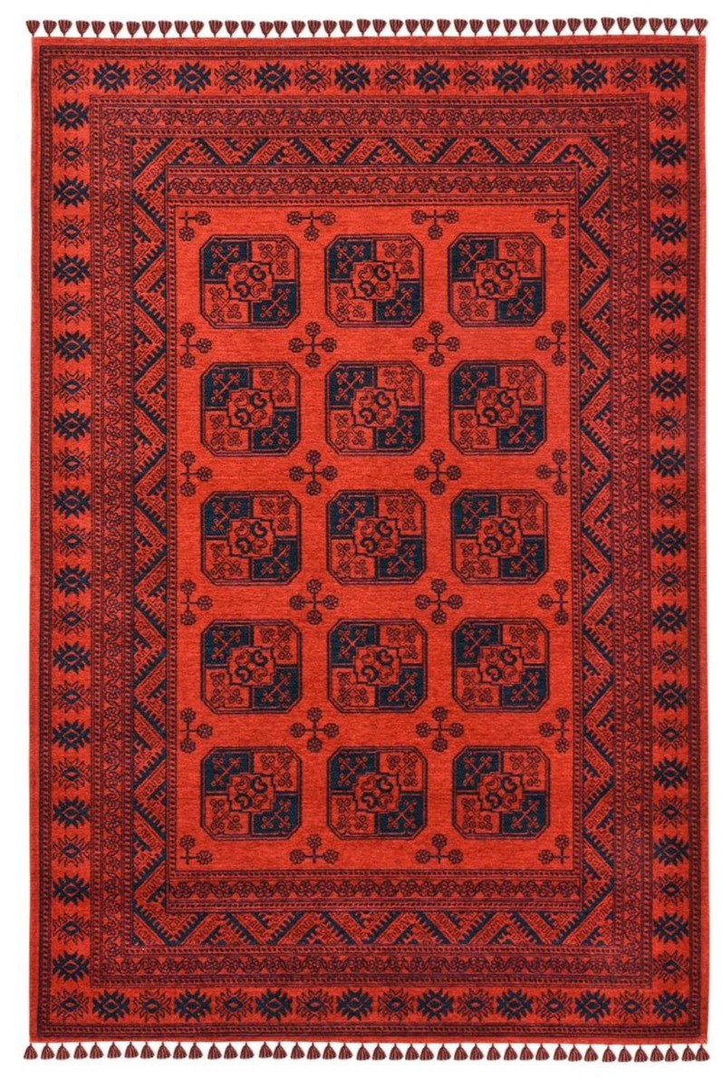 Afghan Blaze Red Buhari Washable Non-Slip Area Rug