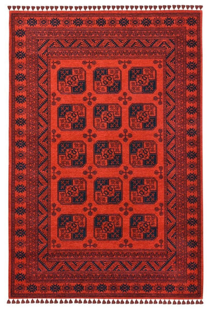 Afghan Blaze Red Buhari Washable Non-Slip Area Rug