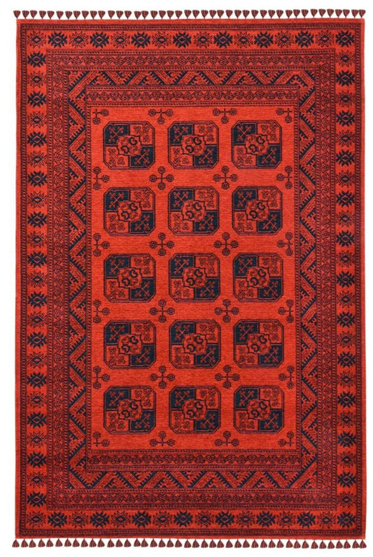Afghan Blaze Red Buhari Washable Non-Slip Area Rug