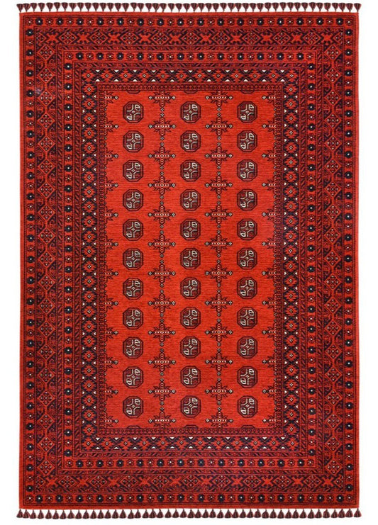Afghan Cherry Red Bokhara Washable Non-Slip Area Rug