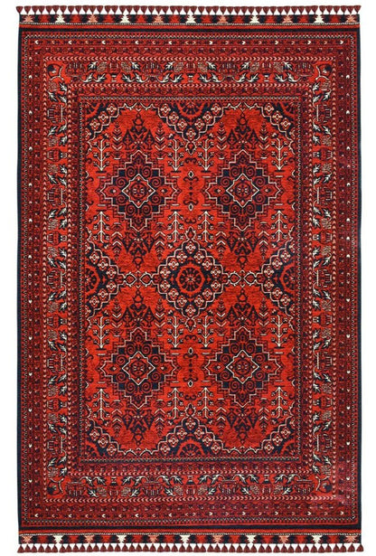 Afghan Ruby Red Kazak Medallion Washable Non-Slip Area Rug
