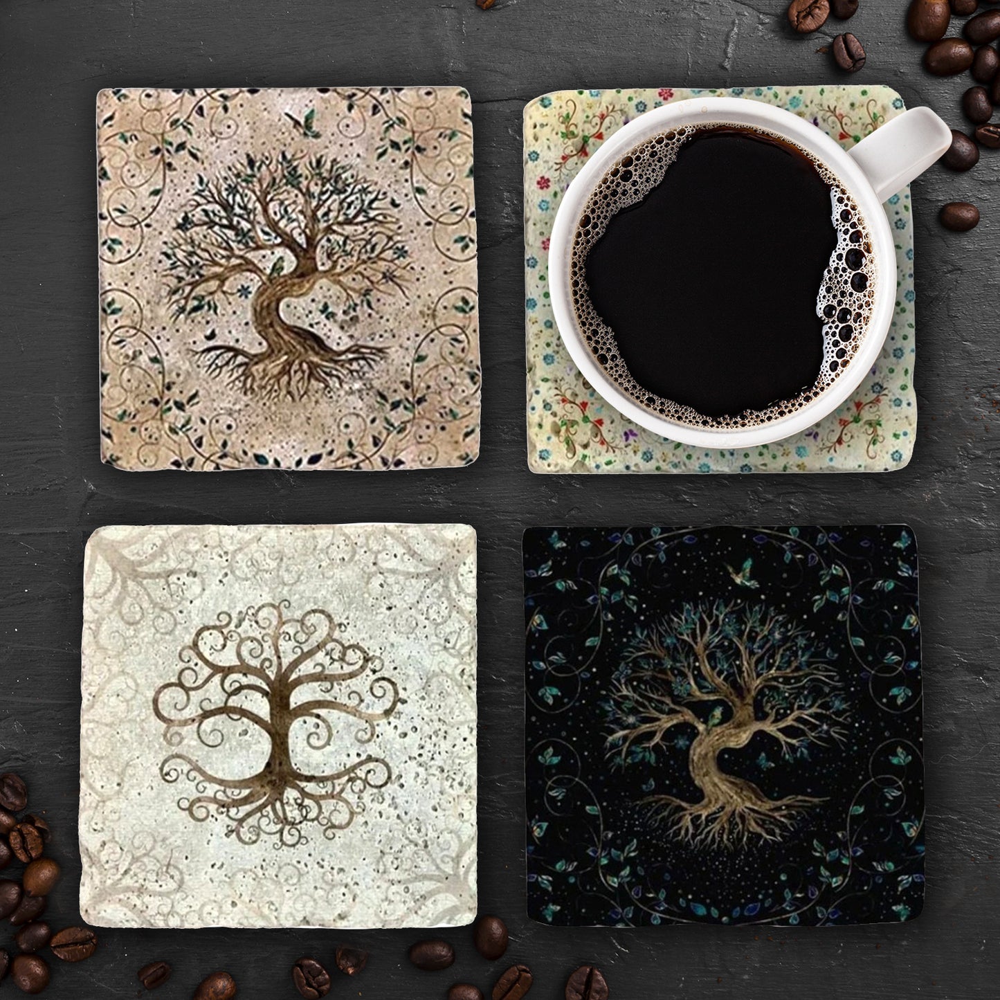 Sacred Tree of Life Stone Coaster Set