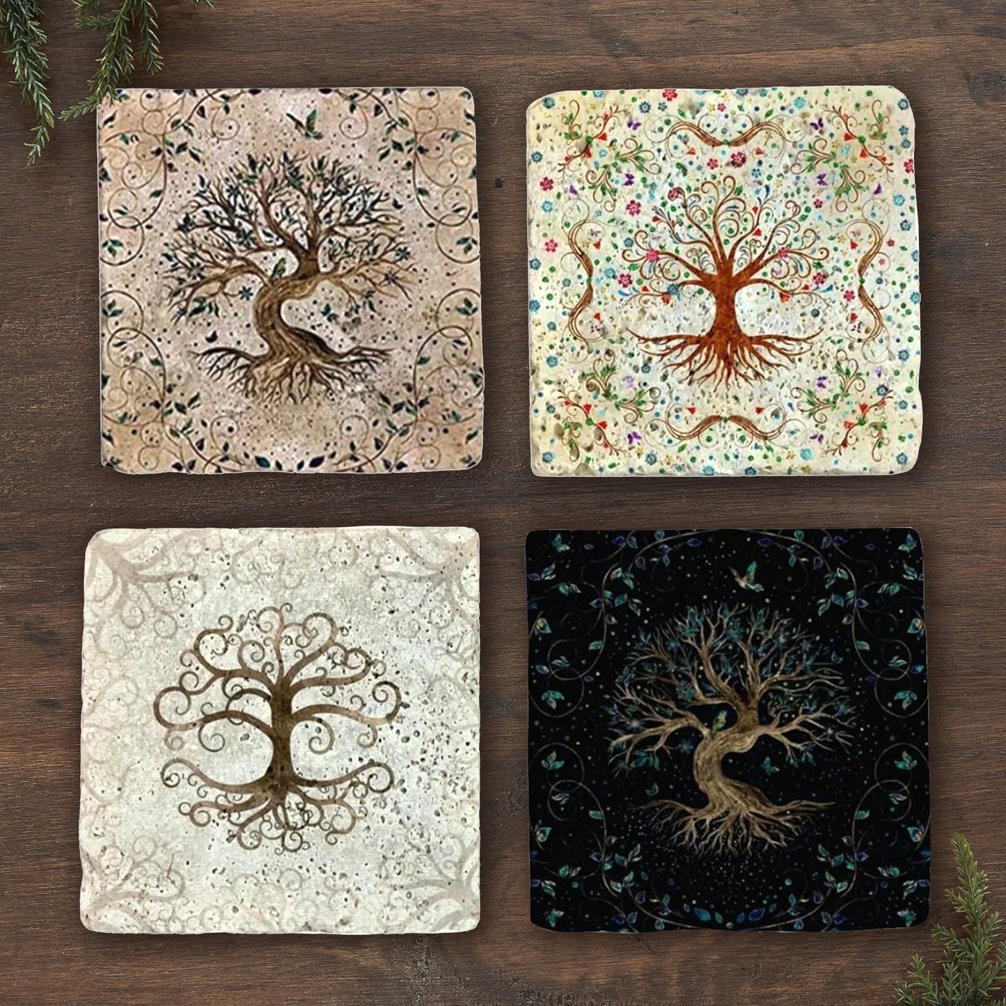 Sacred Tree of Life Stone Coaster Set