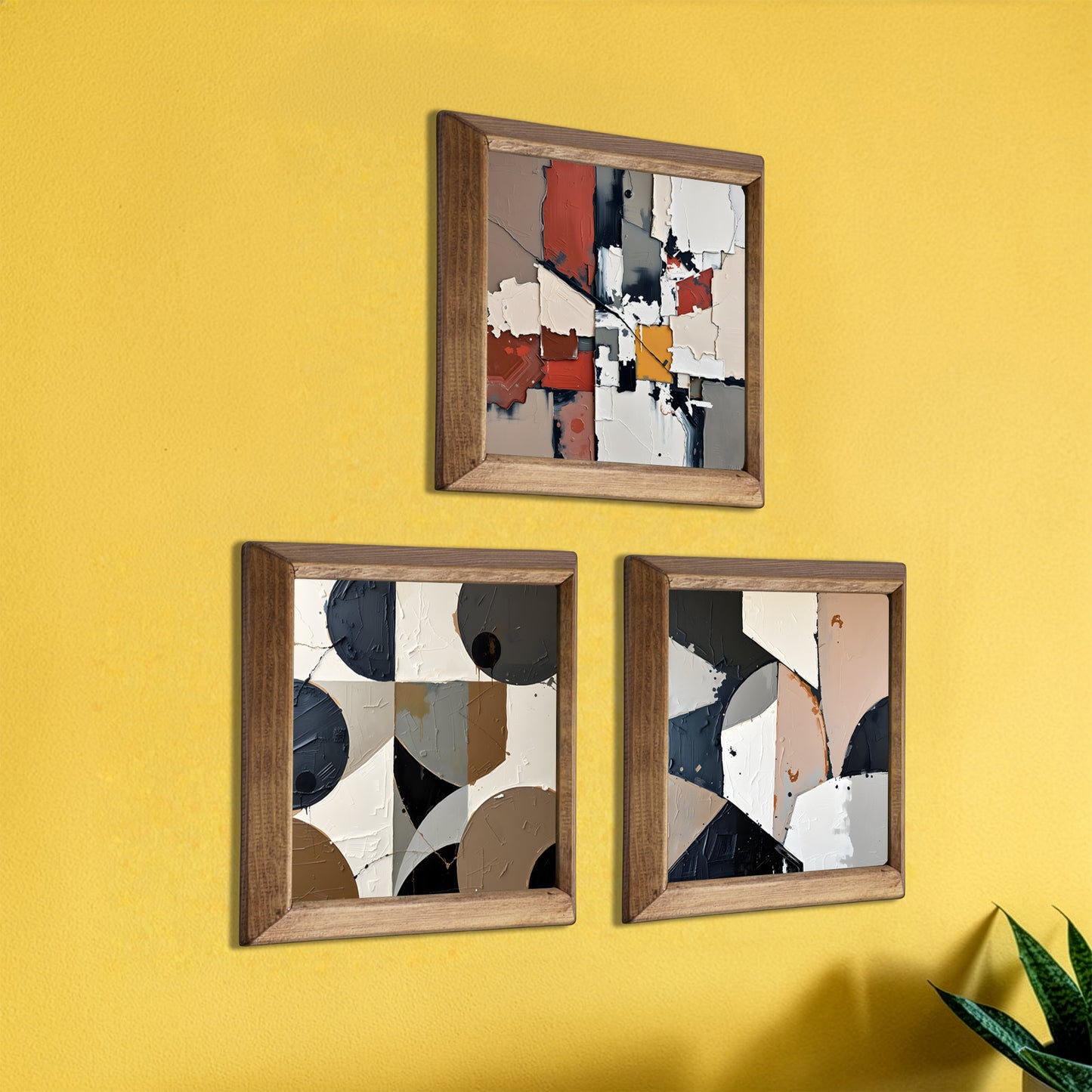 Neutral Abstract Geometry Trio Natural Stone Wall Art – Wood Frame Set
