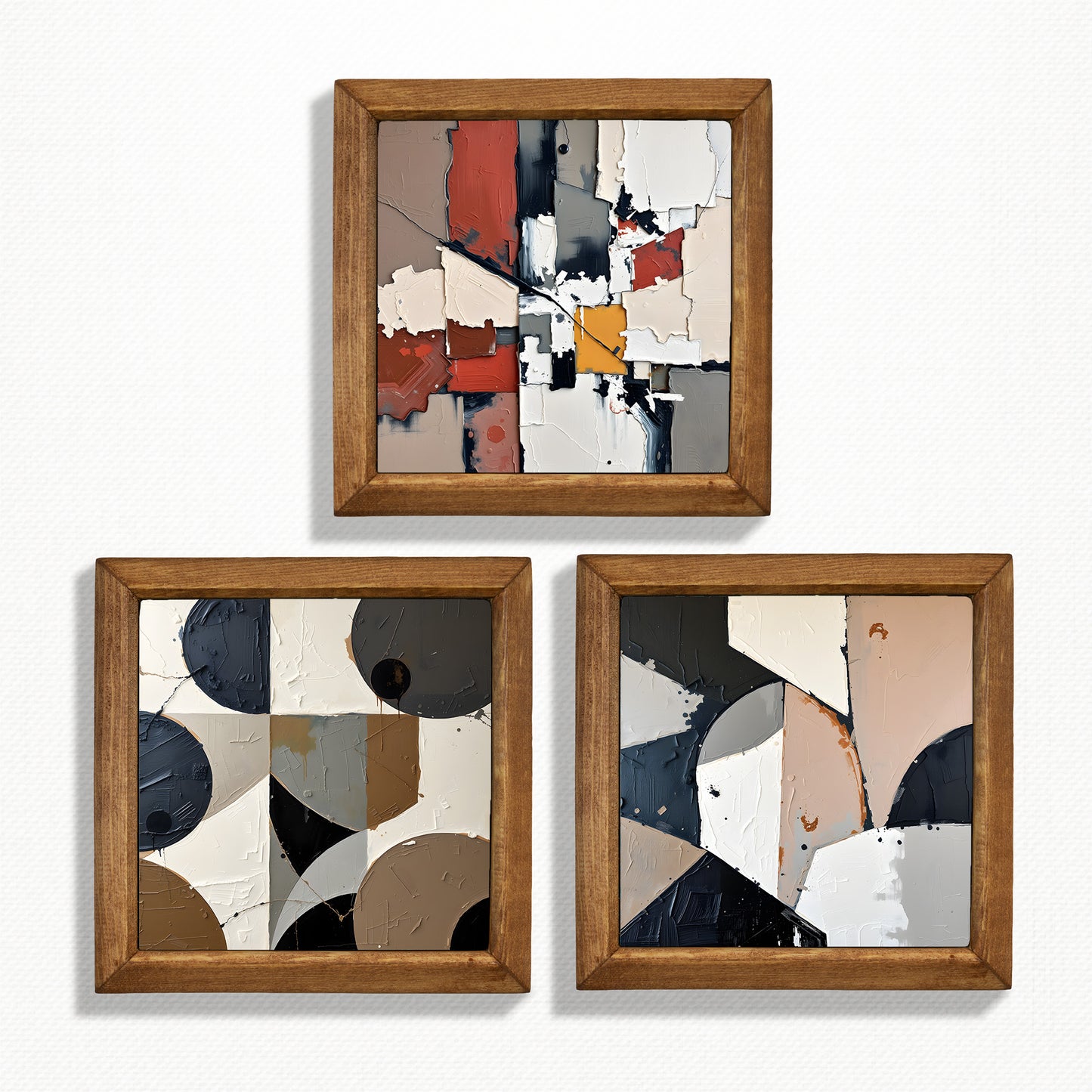 Neutral Abstract Geometry Trio Natural Stone Wall Art – Wood Frame Set
