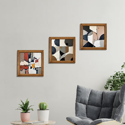 Neutral Abstract Geometry Trio Natural Stone Wall Art – Wood Frame Set