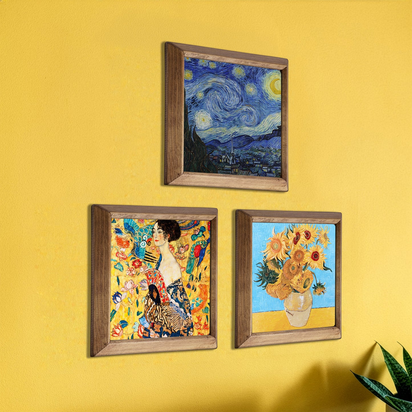Klimt Lady with Fan, Van Gogh Starry Night and Sunflowers Trio Stone Wall Art Set