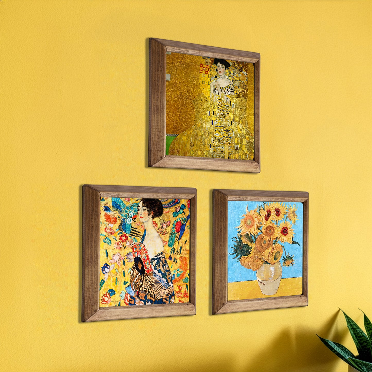 Klimt Adele, Lady with Fan and Van Gogh Sunflowers Trio Stone Wall Art Set