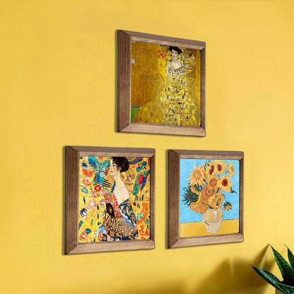 Klimt Adele, Lady with Fan and Van Gogh Sunflowers Trio Stone Wall Art Set