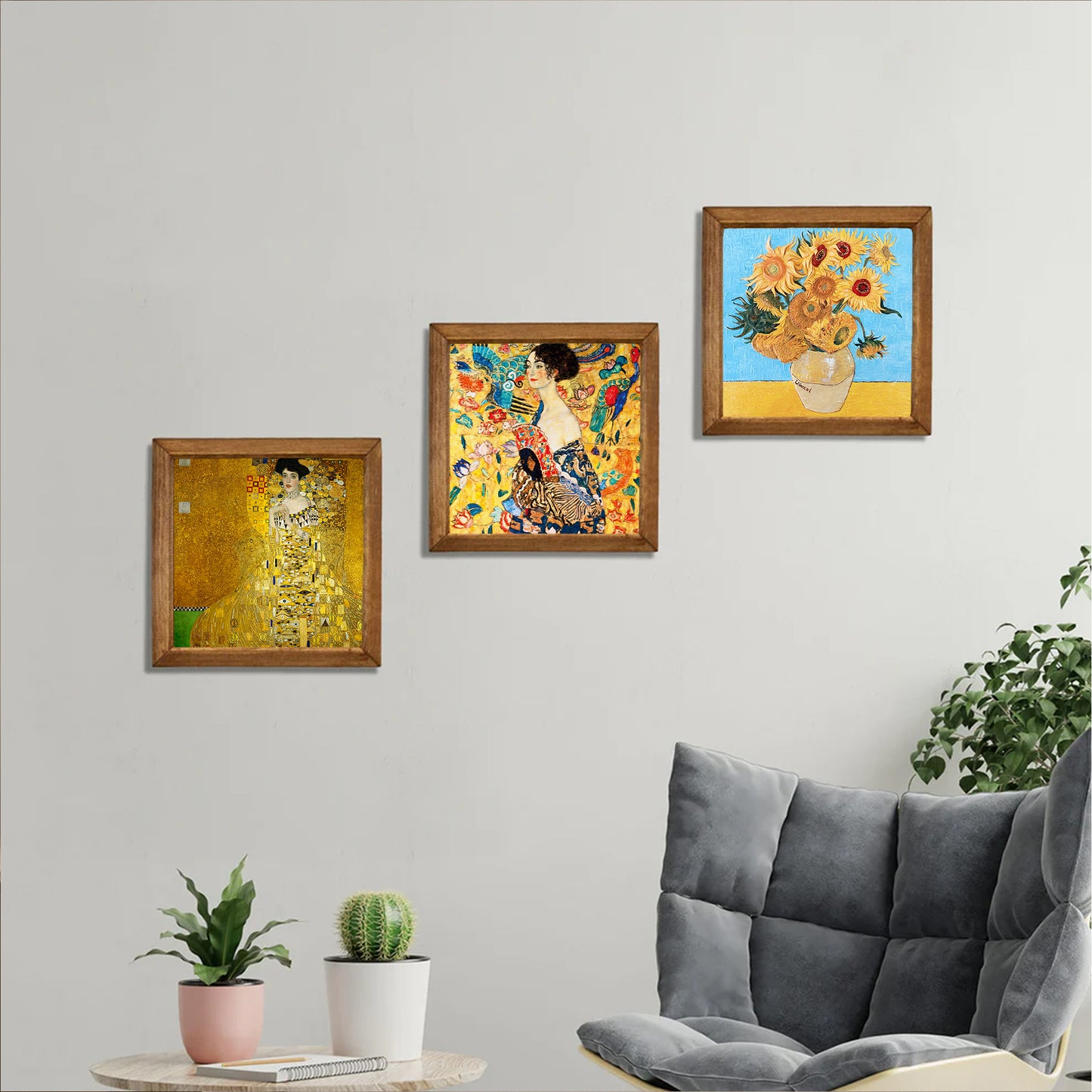 Klimt Adele, Lady with Fan and Van Gogh Sunflowers Trio Stone Wall Art Set