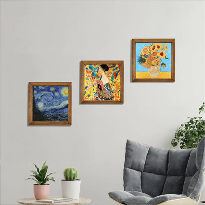 Klimt Lady with Fan, Van Gogh Starry Night and Sunflowers Trio Stone Wall Art Set