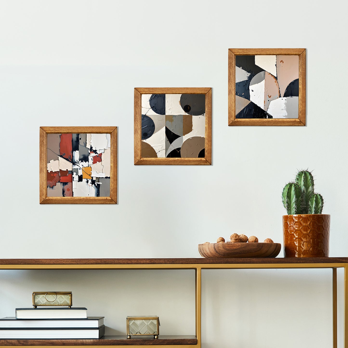 Neutral Abstract Geometry Trio Natural Stone Wall Art – Wood Frame Set