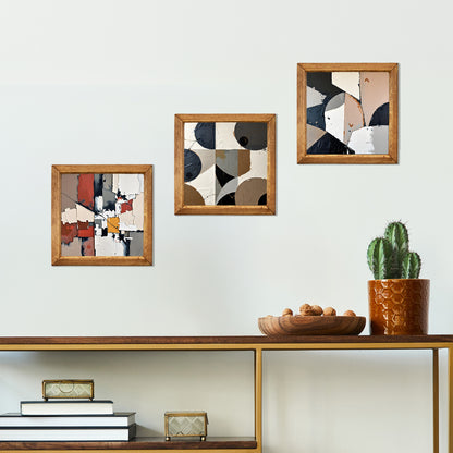 Neutral Abstract Geometry Trio Natural Stone Wall Art – Wood Frame Set