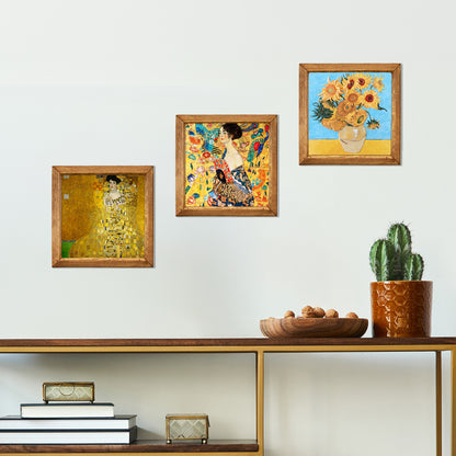 Klimt Adele, Lady with Fan and Van Gogh Sunflowers Trio Stone Wall Art Set