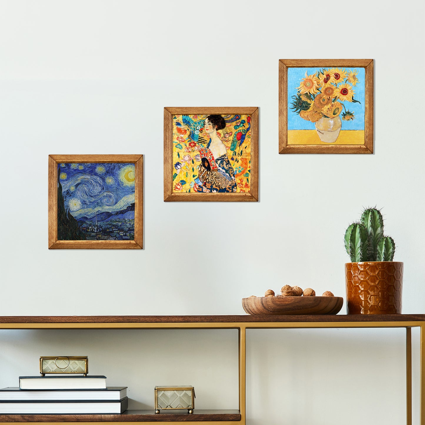 Klimt Lady with Fan, Van Gogh Starry Night and Sunflowers Trio Stone Wall Art Set