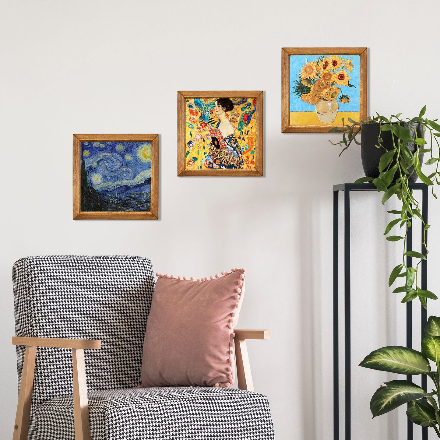 Klimt Lady with Fan, Van Gogh Starry Night and Sunflowers Trio Stone Wall Art Set