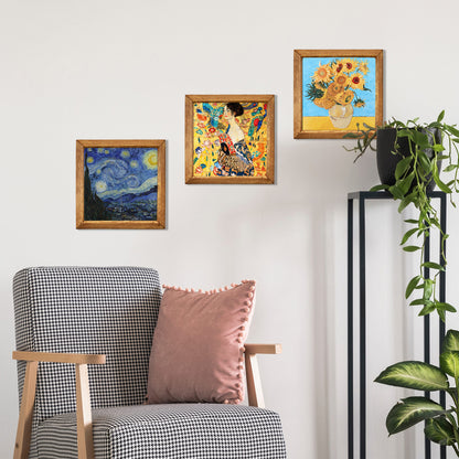 Klimt Lady with Fan, Van Gogh Starry Night and Sunflowers Trio Stone Wall Art Set