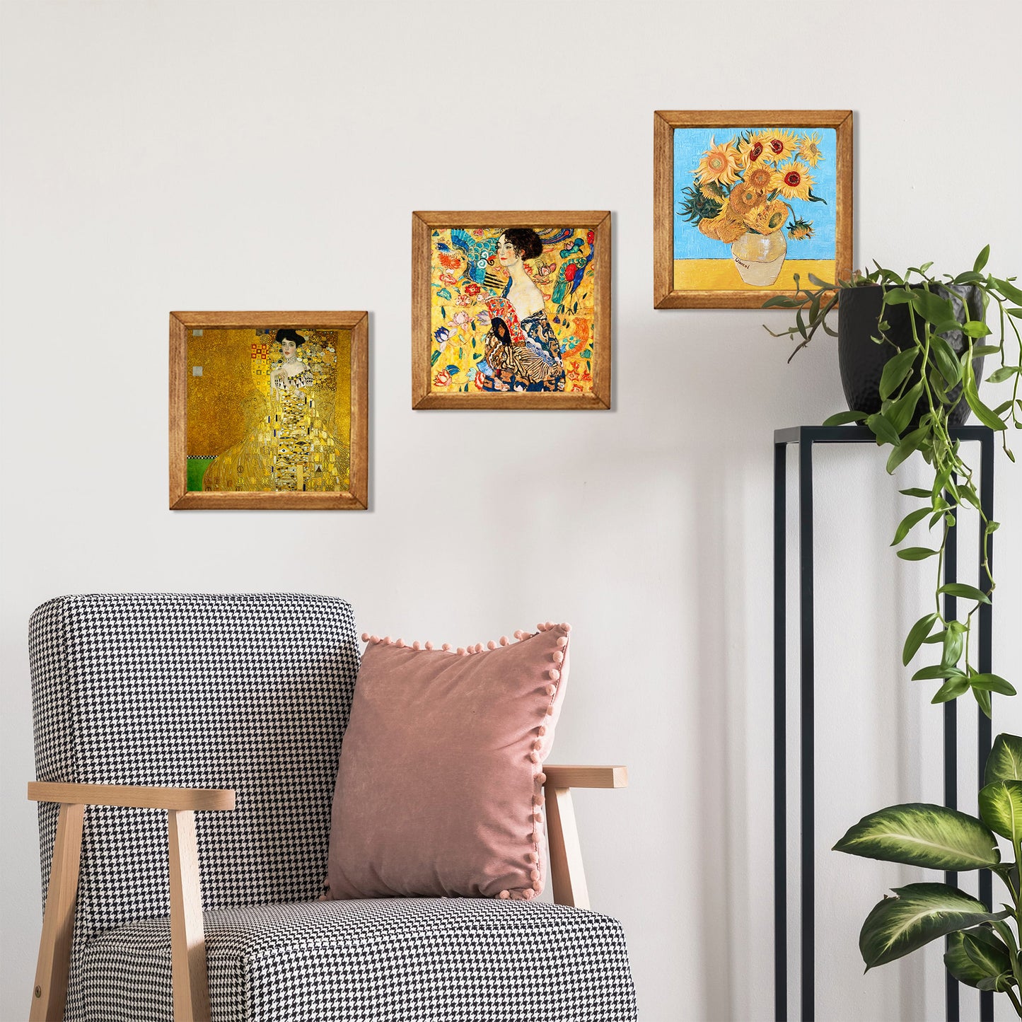 Klimt Adele, Lady with Fan and Van Gogh Sunflowers Trio Stone Wall Art Set