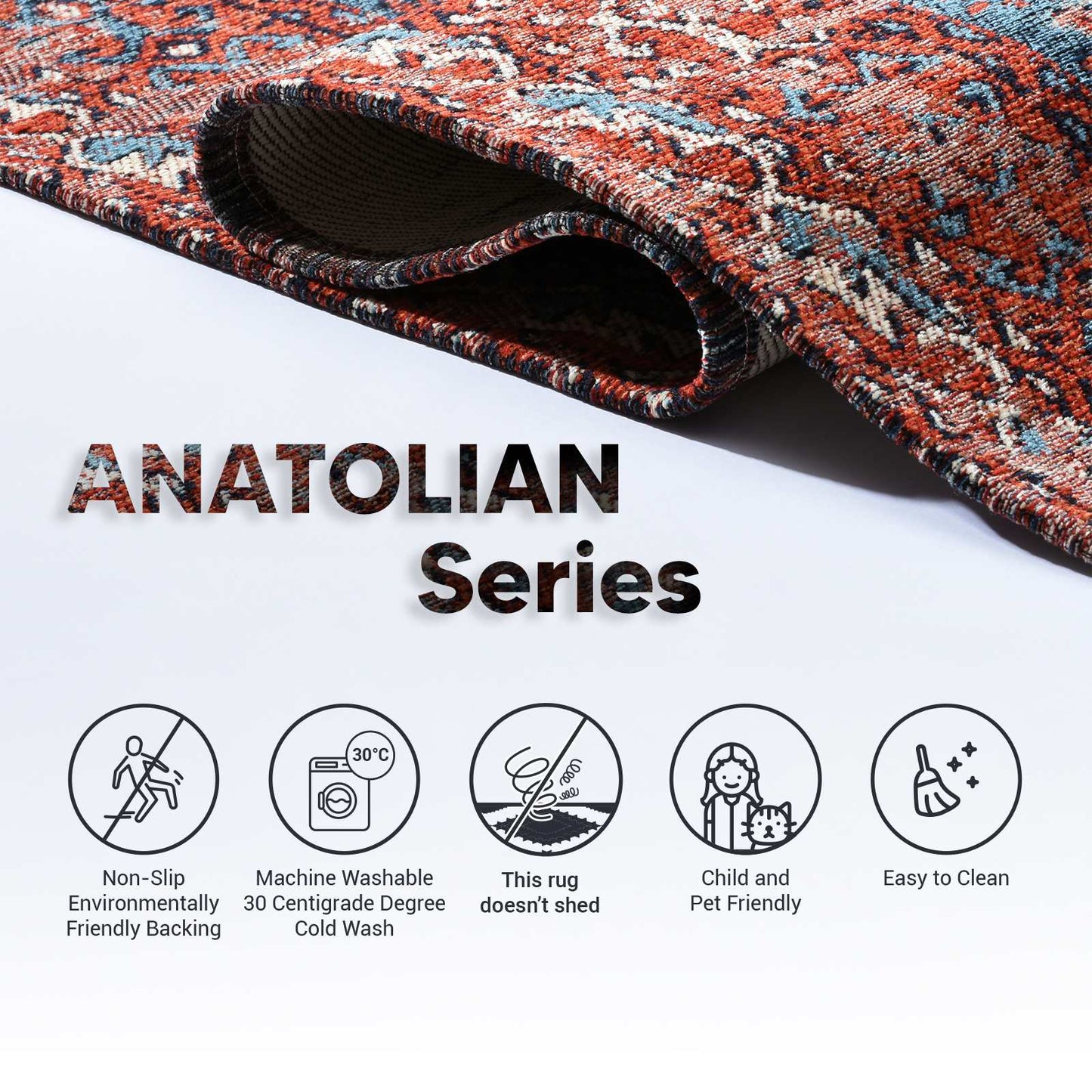 Anatolian Distressed Navy Medallion Washable Non-Slip Area Rug