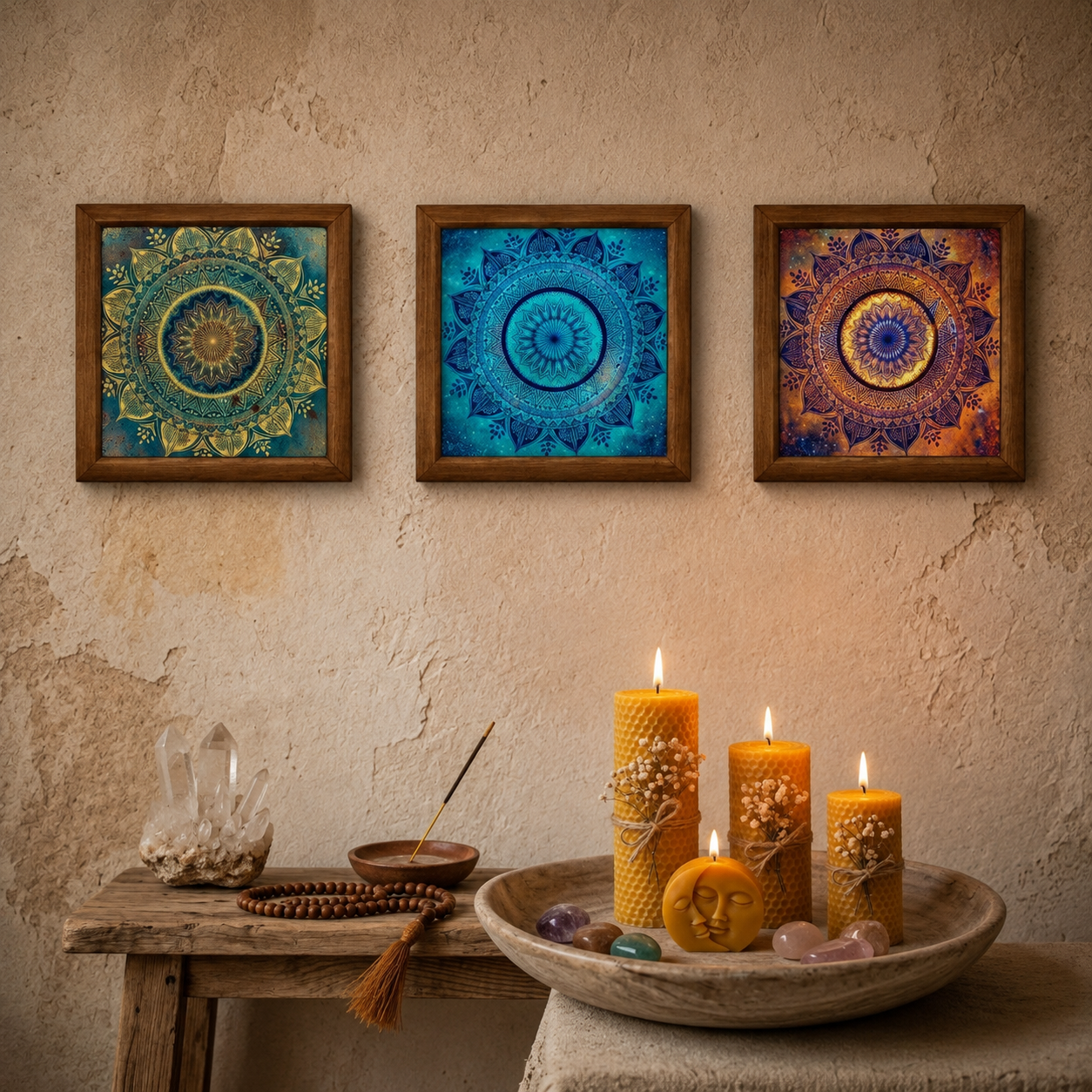 Mandala Glow Bundle | 3 Stone Wall Art + 1 Beeswax Candle Set