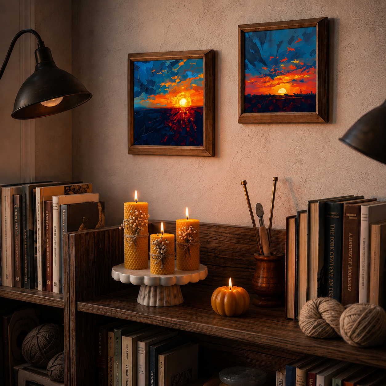 Golden Sunset Bundle | 2 Natural Stone Wall Arts + 1 Beeswax Candle Set
