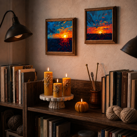 Golden Sunset Bundle | 2 Natural Stone Wall Arts + 1 Beeswax Candle Set