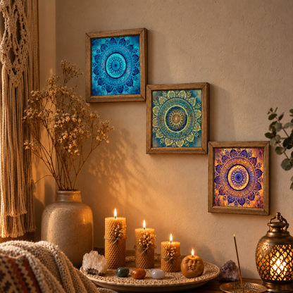 Mandala Glow Bundle | 3 Stone Wall Art + 1 Beeswax Candle Set