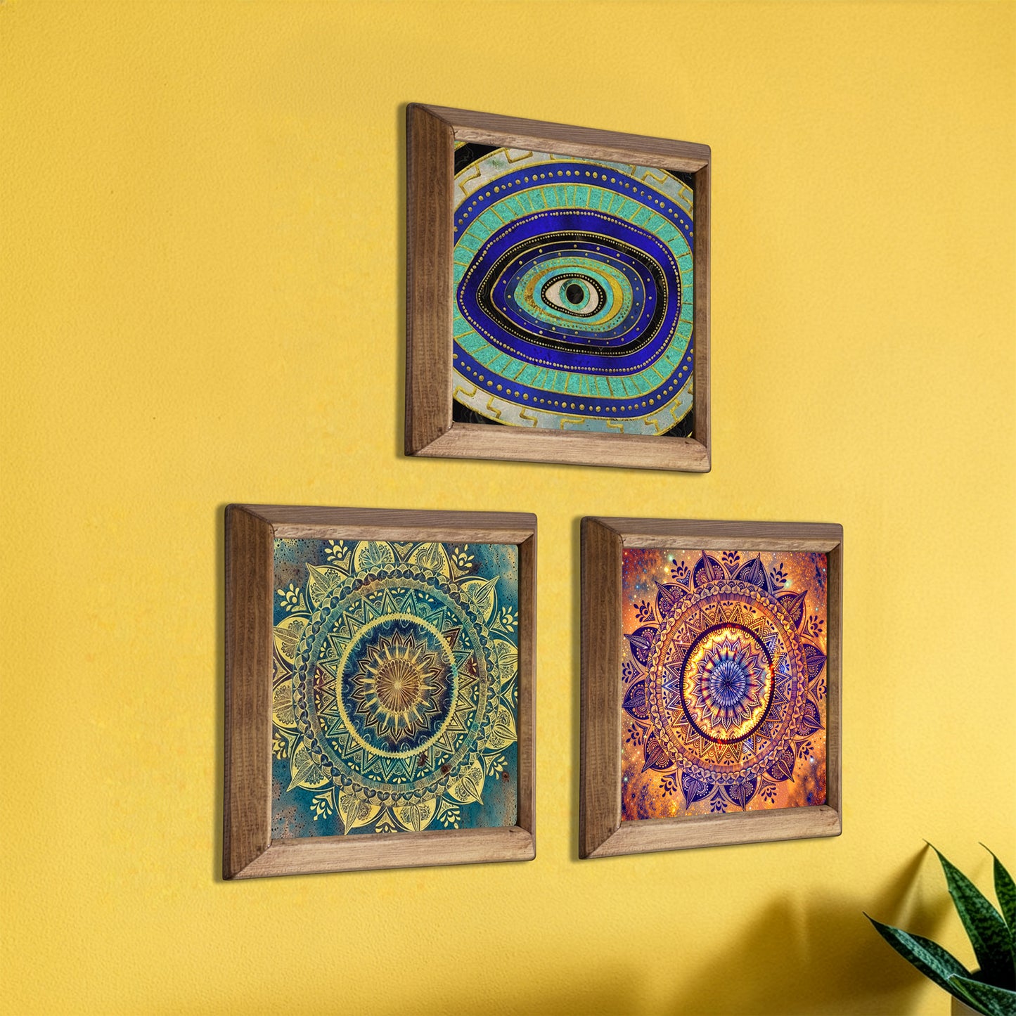 Evil Eye & Jewel Mandala Trio Natural Stone Wall Art – Wood Frame Set