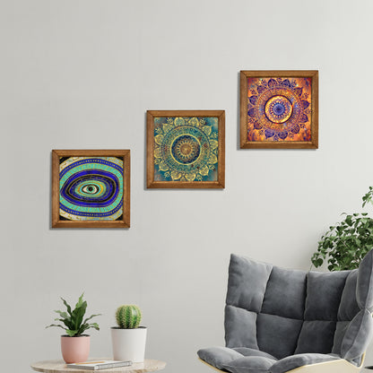 Evil Eye & Jewel Mandala Trio Natural Stone Wall Art – Wood Frame Set