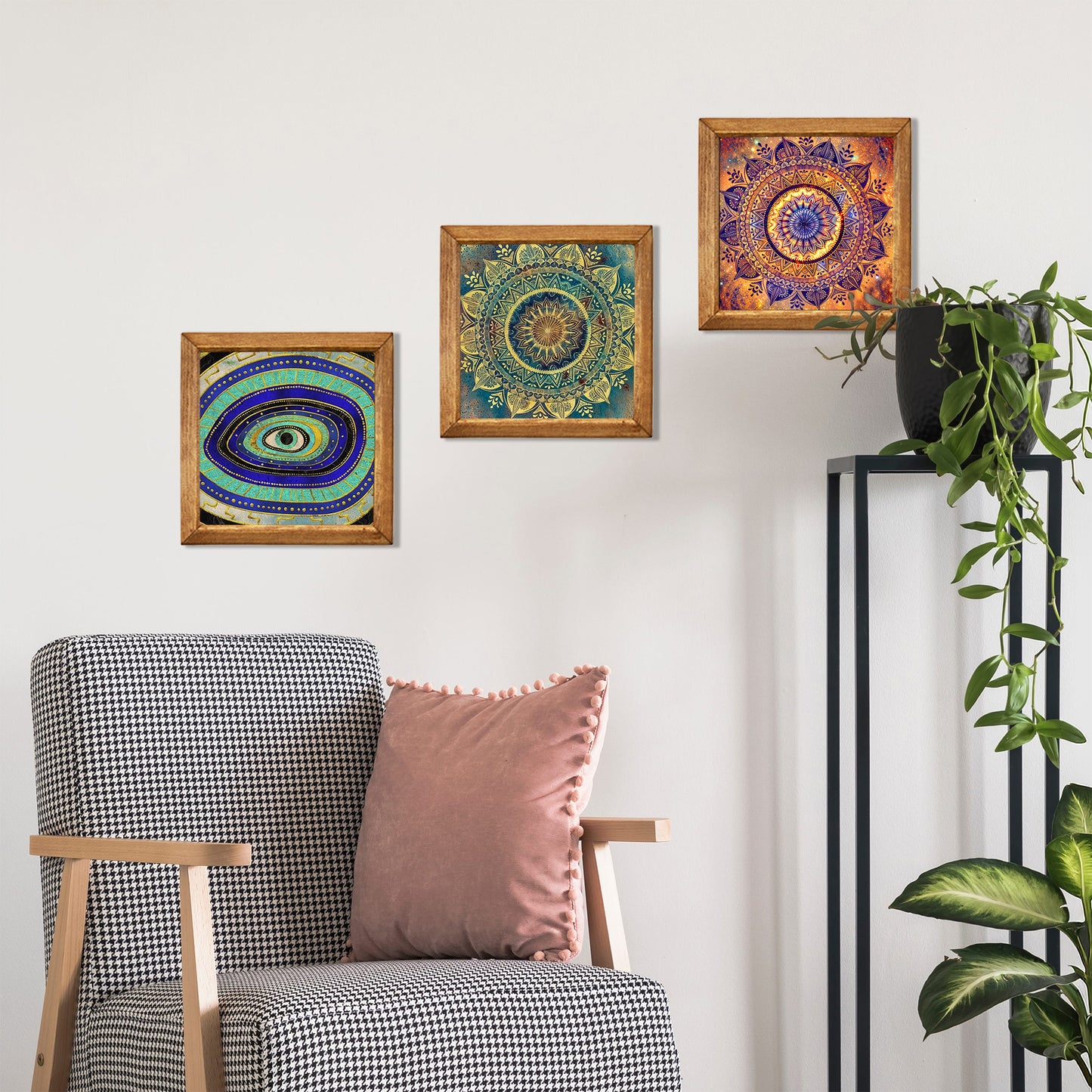 Evil Eye & Jewel Mandala Trio Natural Stone Wall Art – Wood Frame Set