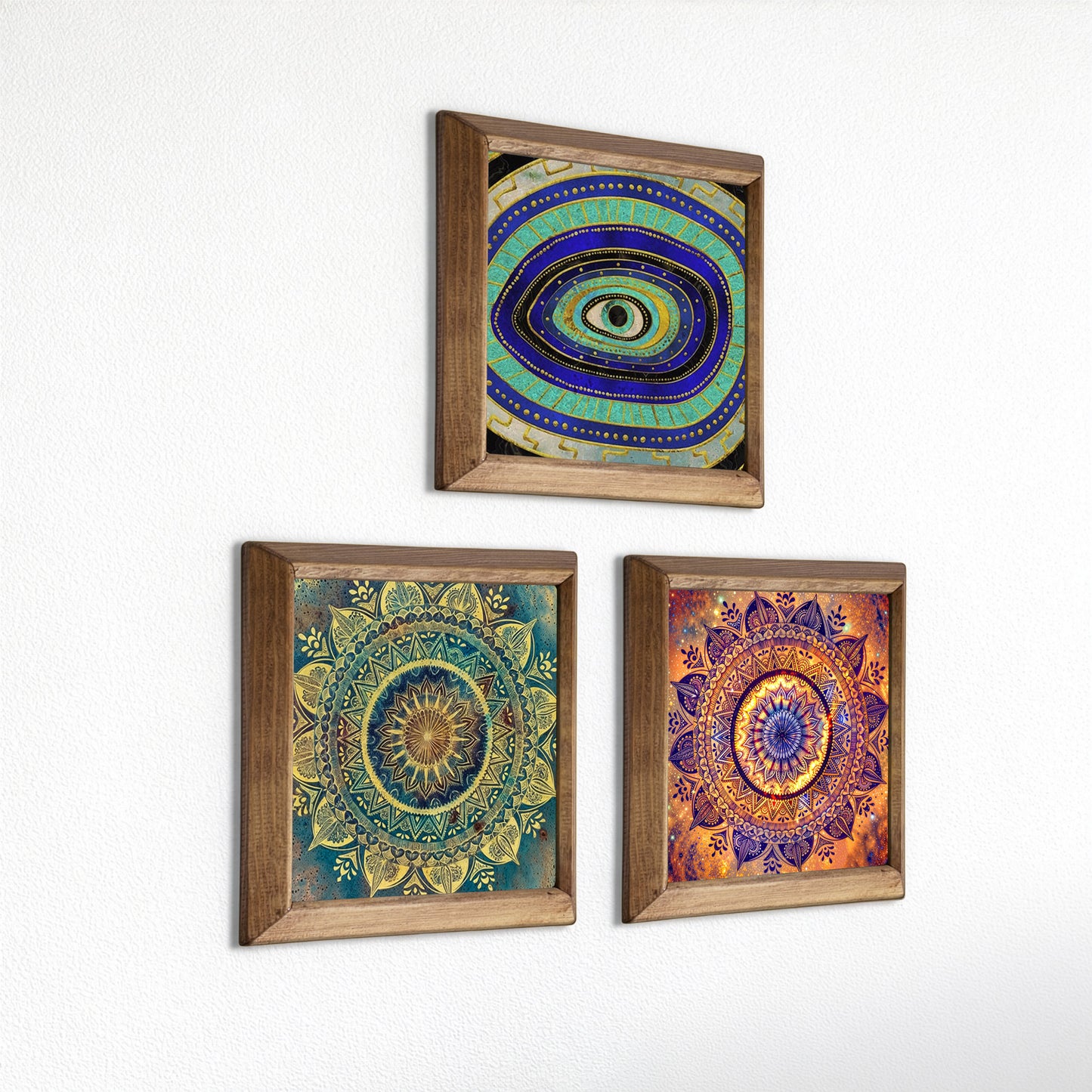 Evil Eye & Jewel Mandala Trio Natural Stone Wall Art – Wood Frame Set