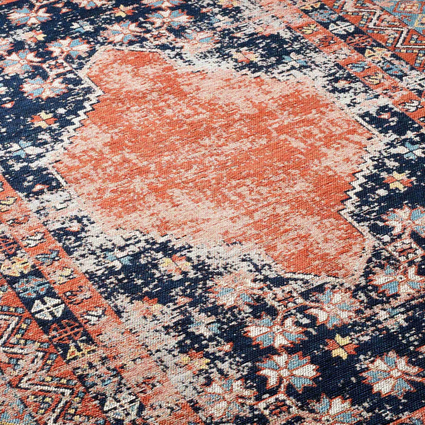 Anatolian Distressed Navy Medallion Washable Non-Slip Area Rug