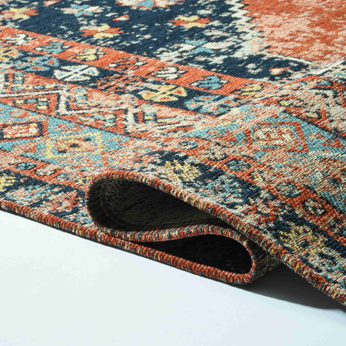 Anatolian Distressed Navy Medallion Washable Non-Slip Area Rug