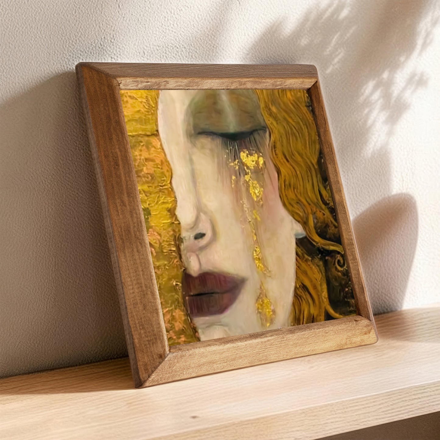 Framed artwork of a face with gold accents on a wooden shelf.