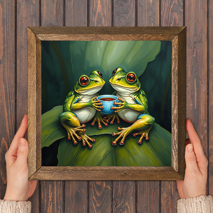 Frogs Having Tea Natural Stone Wall Art - Frame in Hand | Artistry Home
