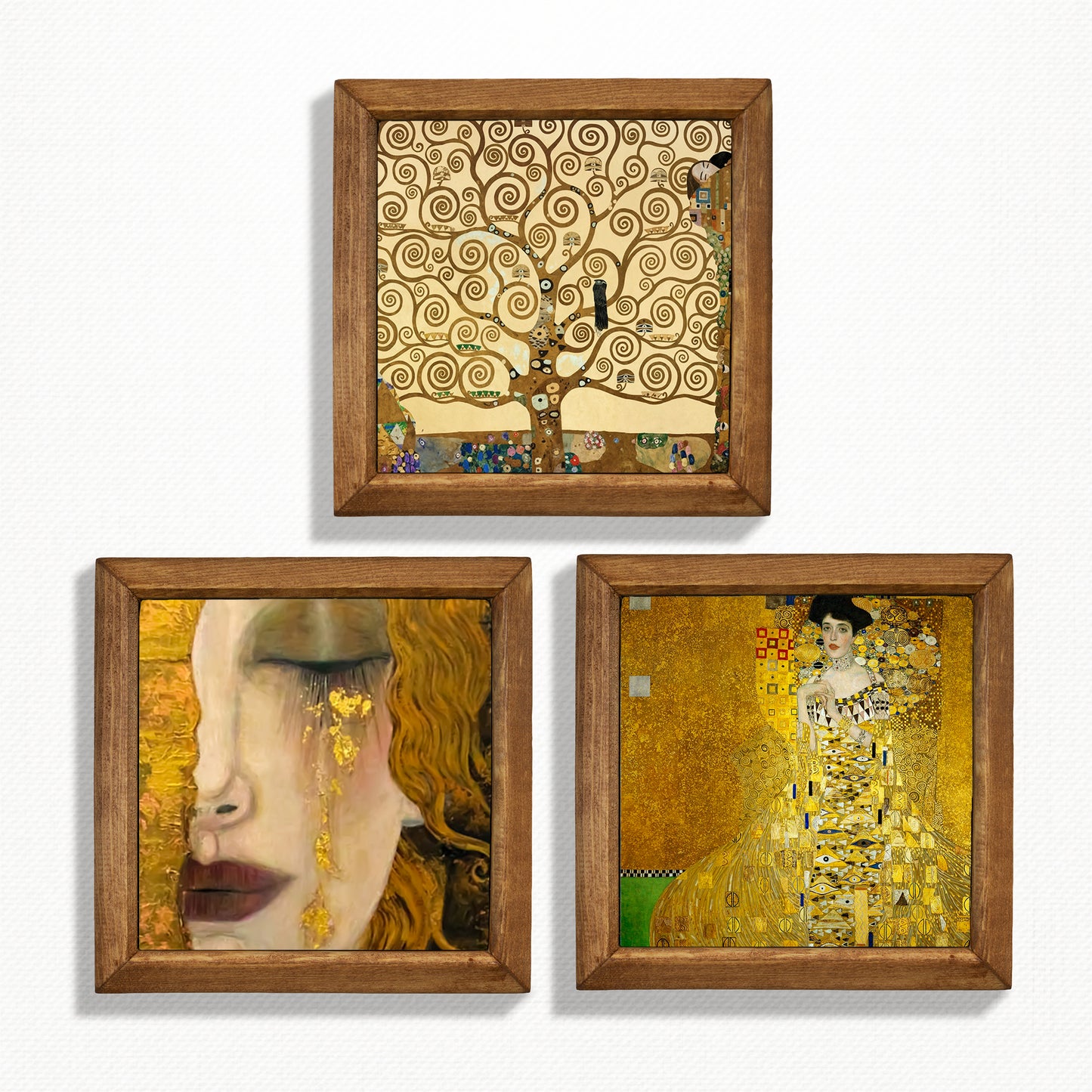 Three framed artworks inspired by Gustav Klimt on a white background