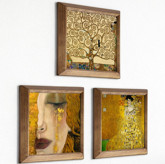Klimt Style Golden Aurum Portrait Trio Stone Wall Art Set