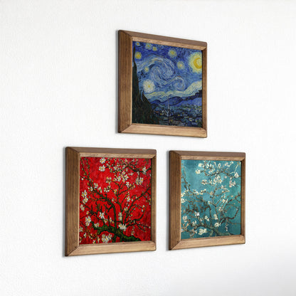 Three framed artworks on a white wall, including 'Starry Night', 'Almond Blossom', and 'Blossoming Almond Tree'.