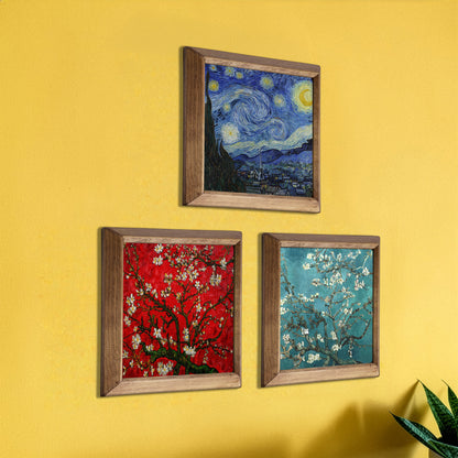 Three framed artworks on a yellow wall, including 'Starry Night', 'Almond Blossom', and 'Red Blossom'.