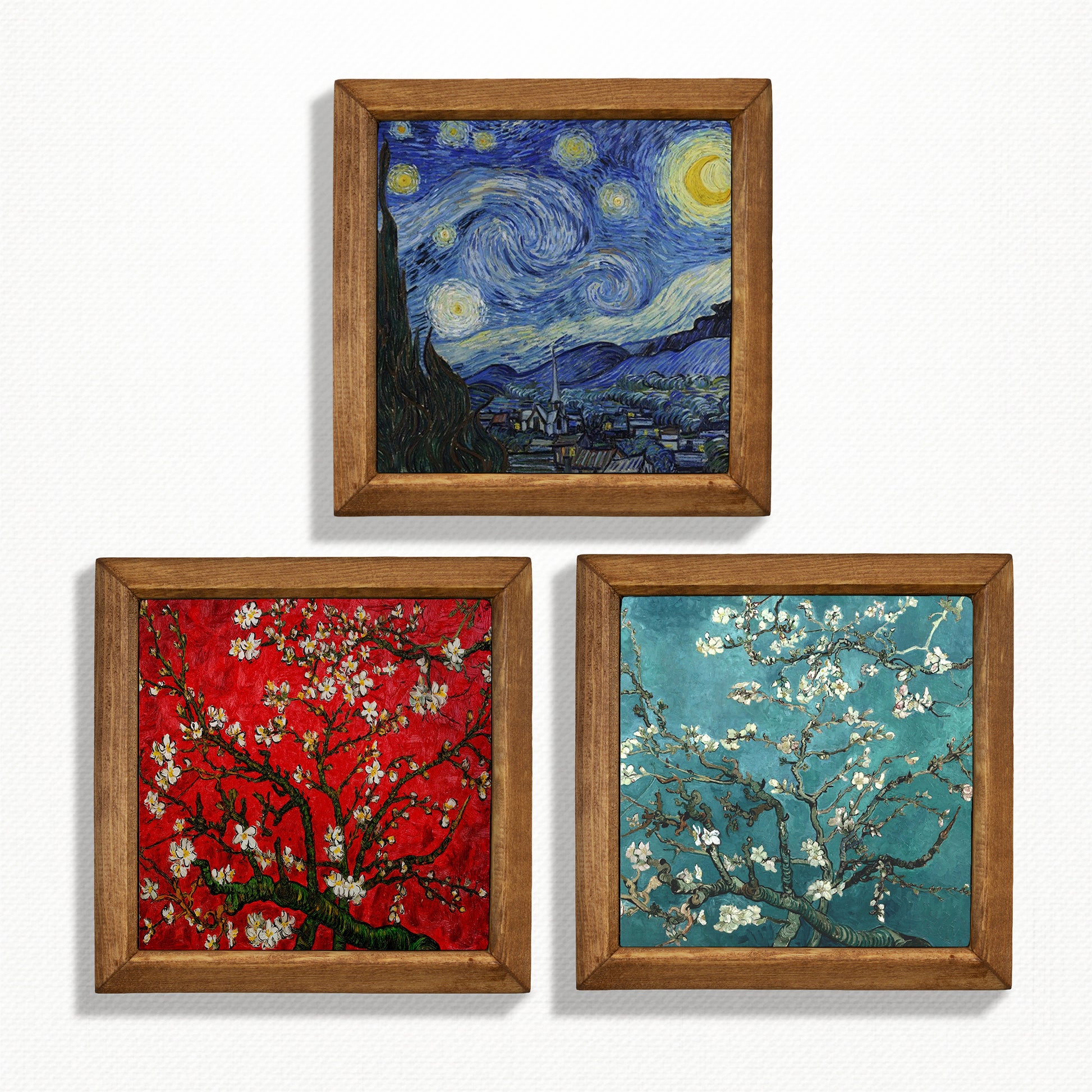 Three framed artworks inspired by Van Gogh's style on a white background