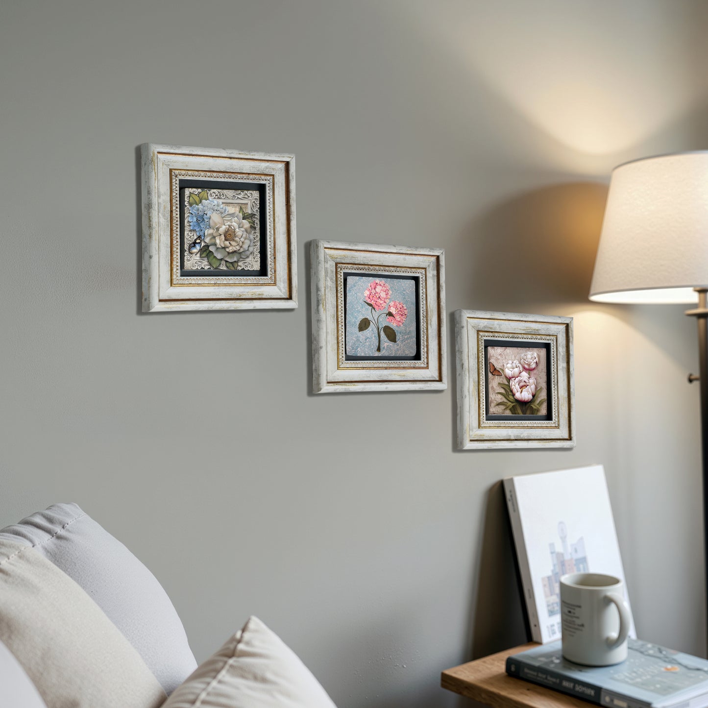 Pink Flowers Trio Natural Stone Wall Art