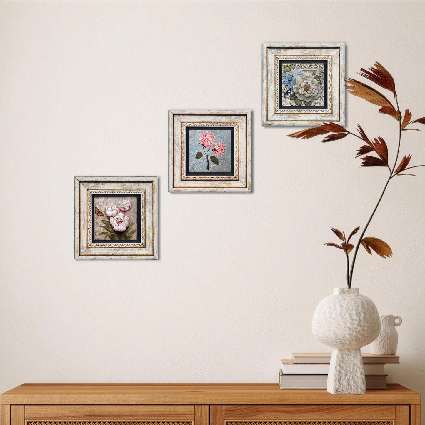 Pink Flowers Trio Natural Stone Wall Art