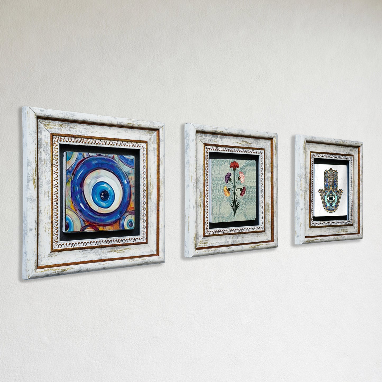 Mother Hand Trio Natural Stone Wall Art Set - Hamsa, Evil Eye & Carnation