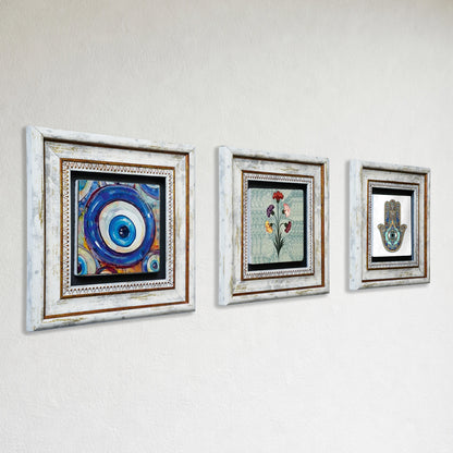 Mother Hand Trio Natural Stone Wall Art Set - Hamsa, Evil Eye & Carnation