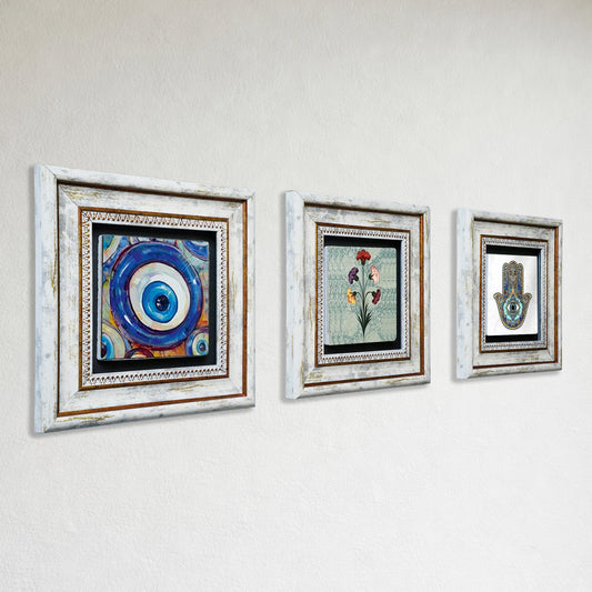 Mother Hand Trio Natural Stone Wall Art Set - Hamsa, Evil Eye & Carnation