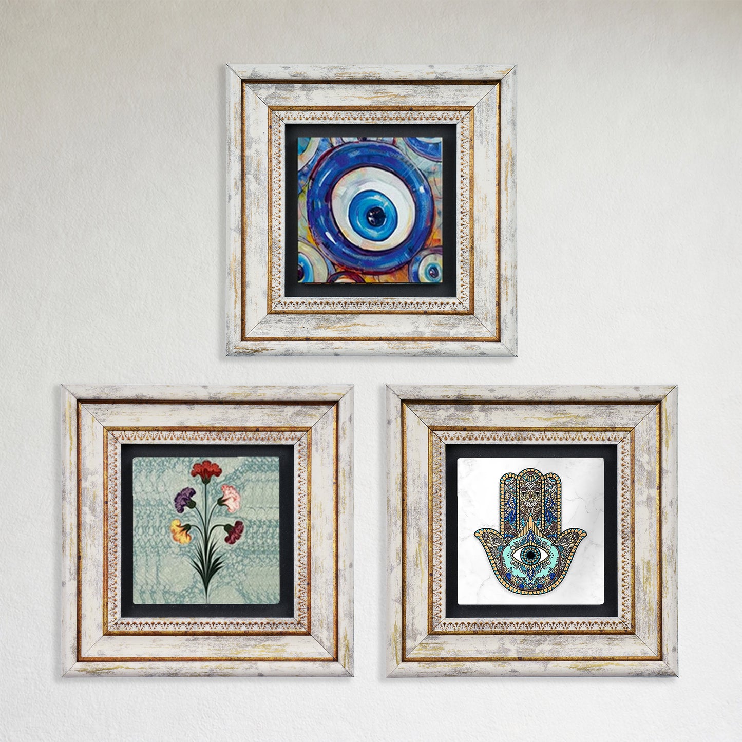 Mother Hand Trio Natural Stone Wall Art Set - Hamsa, Evil Eye & Carnation