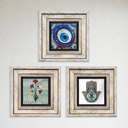 Mother Hand Trio Natural Stone Wall Art Set - Hamsa, Evil Eye & Carnation