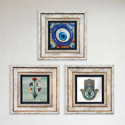 Mother Hand Trio Natural Stone Wall Art Set - Hamsa, Evil Eye & Carnation